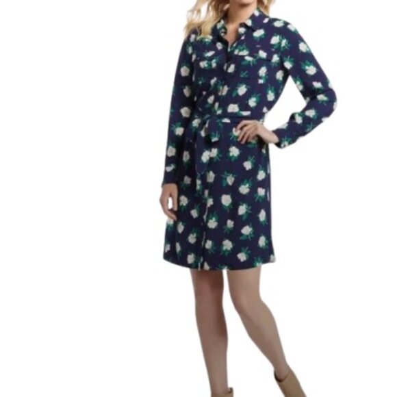 Draper James Womens Mini Shirt Dress Navy Magnolia Floral Tie Waist Pockets 8 - Picture 1 of 2